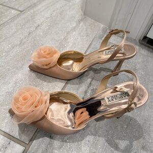 Badgley Mischka Blush Satin Slingback Heels with Rosette